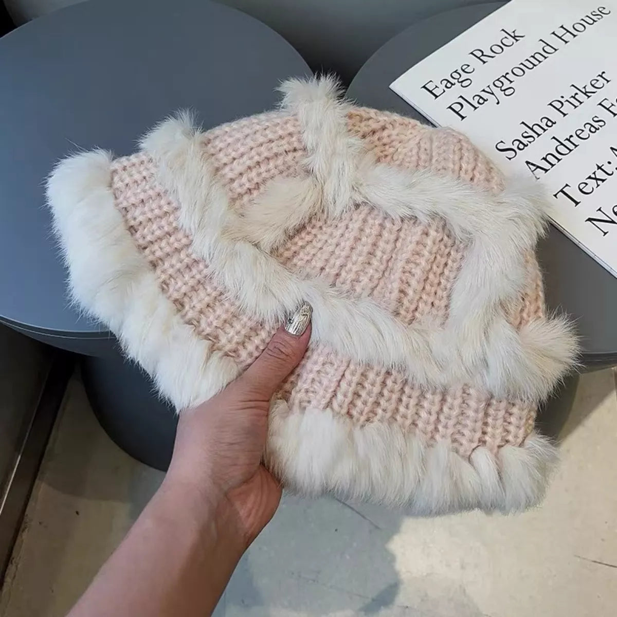 Fluffy Faux Fur Trim Knit Bucket Hat – view 3 | Lola Mariee
