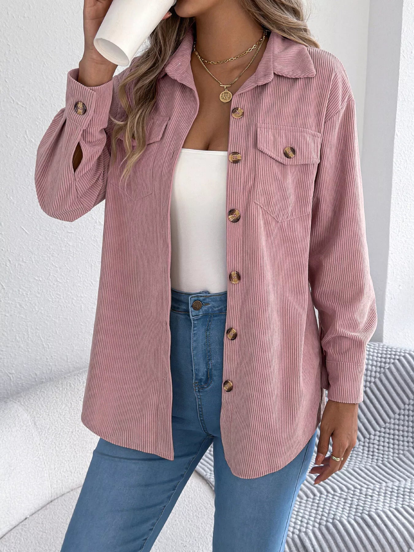 Casual Corduroy Button-Up Shacket – view 10 | Lola Mariee