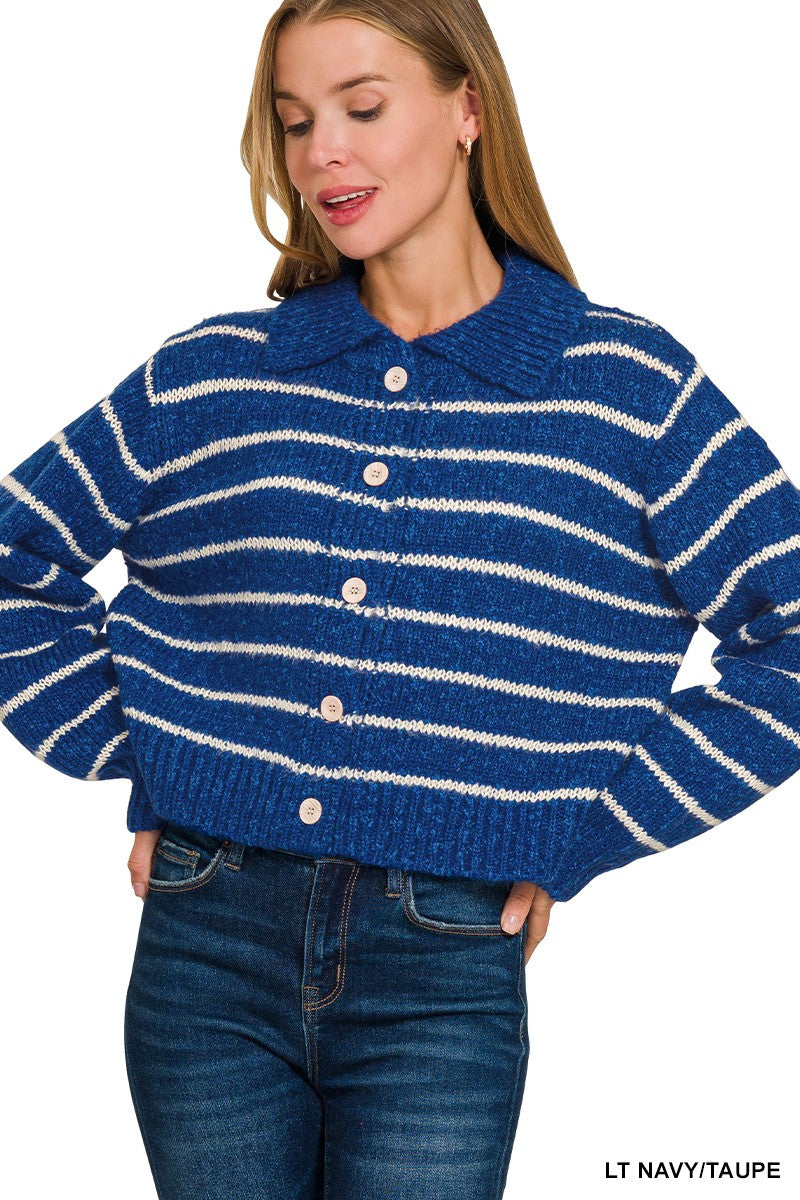 Zenana Striped Collared Button Down Sweater Cardigan | Lola Mariee