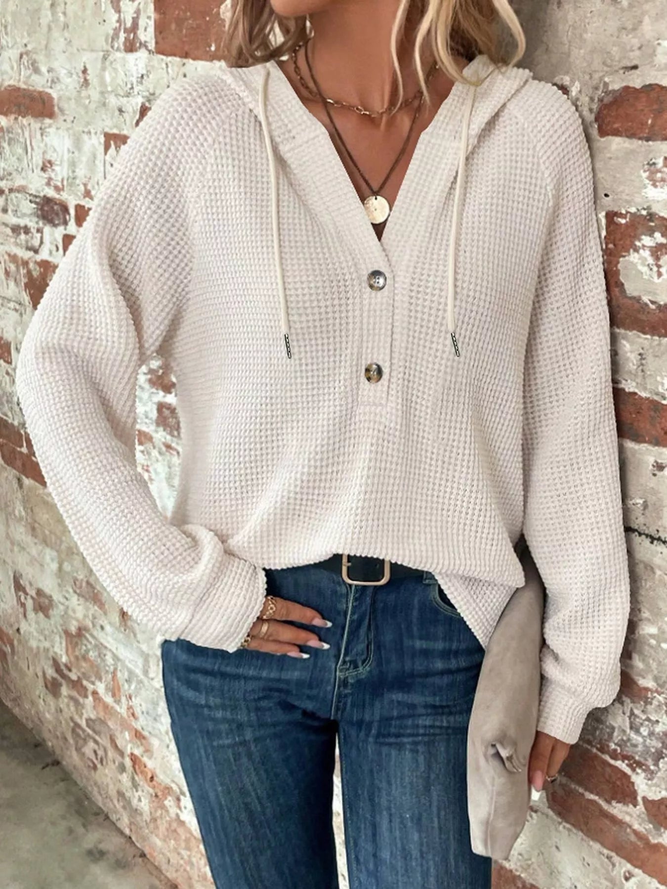 Waffle Knit Button Detail Hoodie – view 5 | Lola Mariee