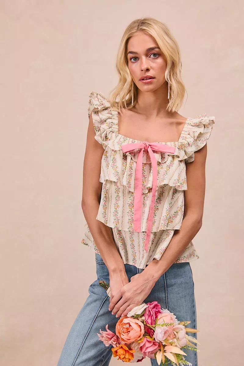 BiBi Floral Printed Woven Front Bow Tied Ruffled Square Neck Sleeveless Top - Trendsi | Lola Mariee