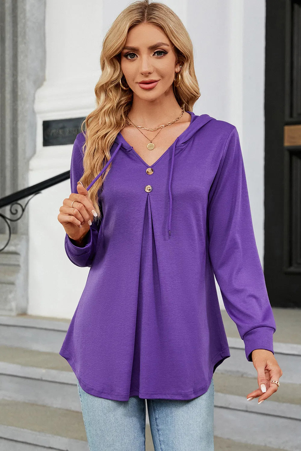 Decorative Button Drawstring Long Sleeve Hoodie - Trendsi | Lola Mariee