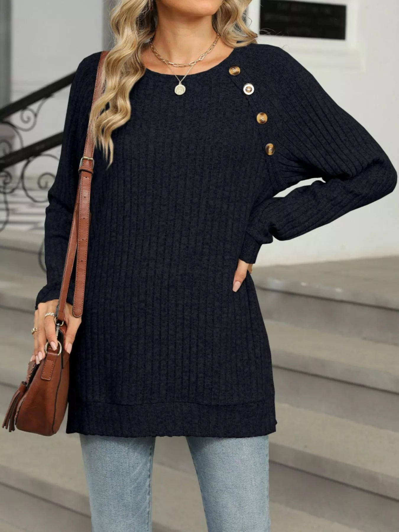 Round Neck Side Slit Ribbed Knit Top with Asymmetric Button Detail - Trendsi | Lola Mariee