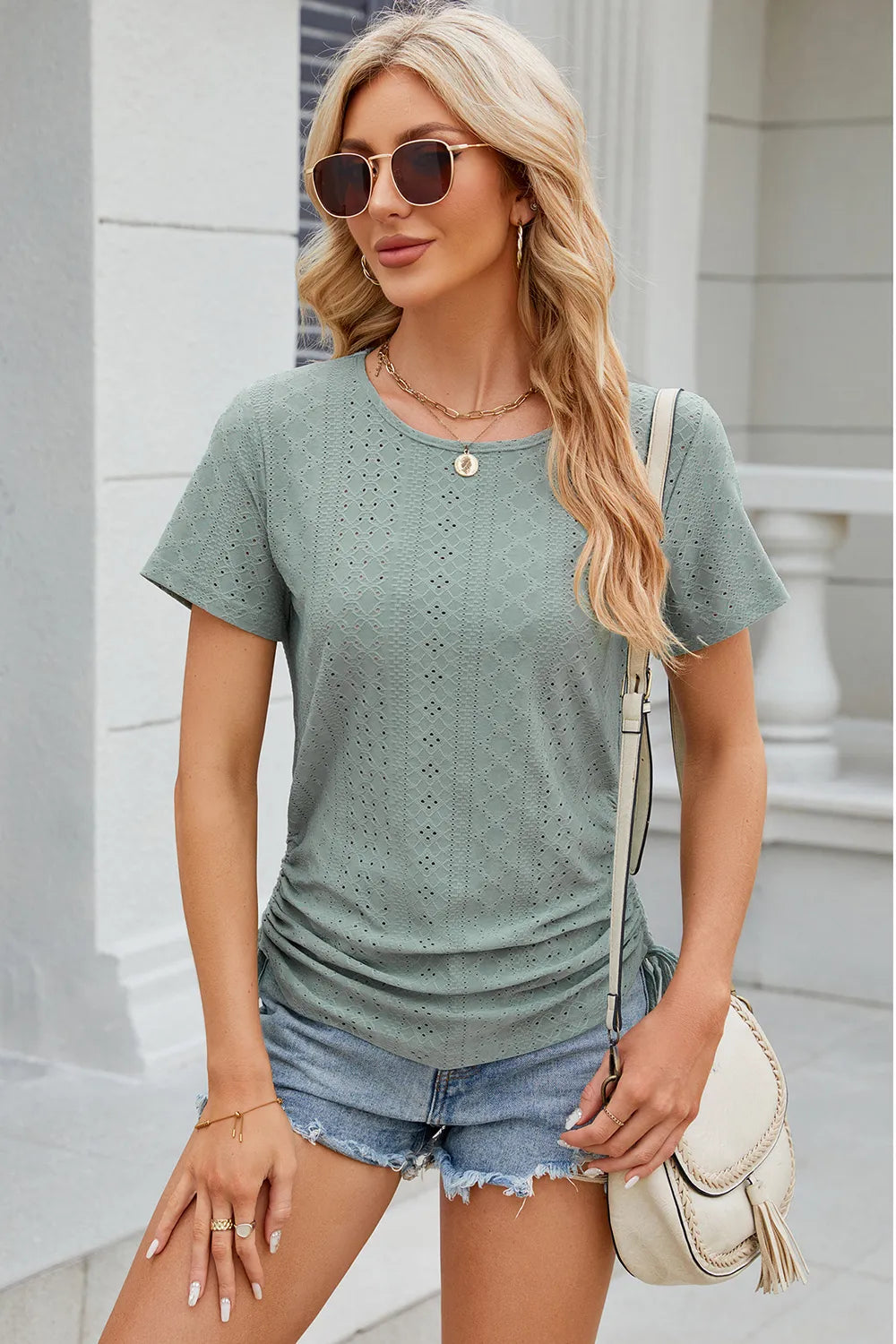 Eyelet Round Neck Short Sleeve T-Shirt - Trendsi | Lola Mariee