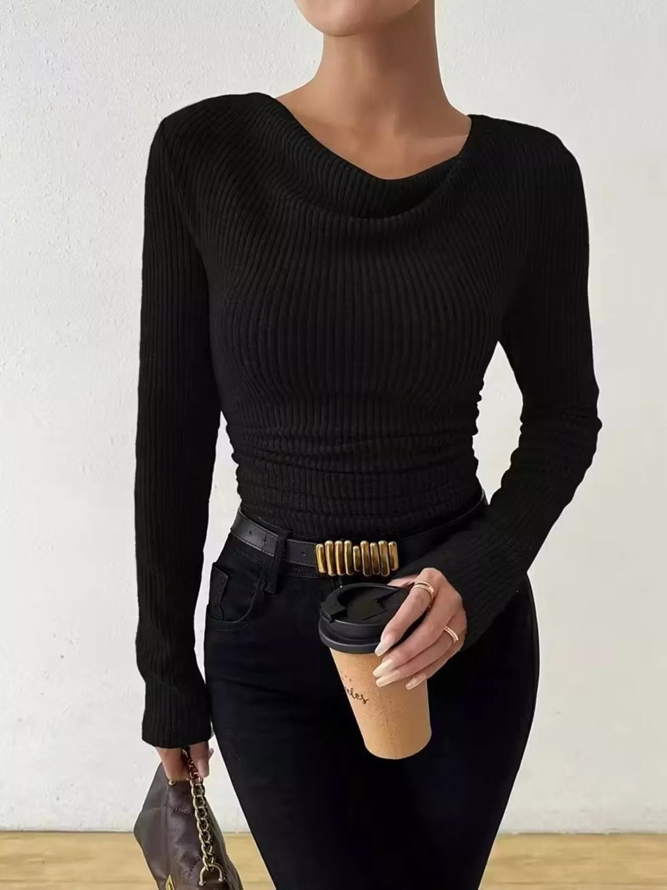Cowl Neck Ribbed Knit Top – view 4 | Lola Mariee