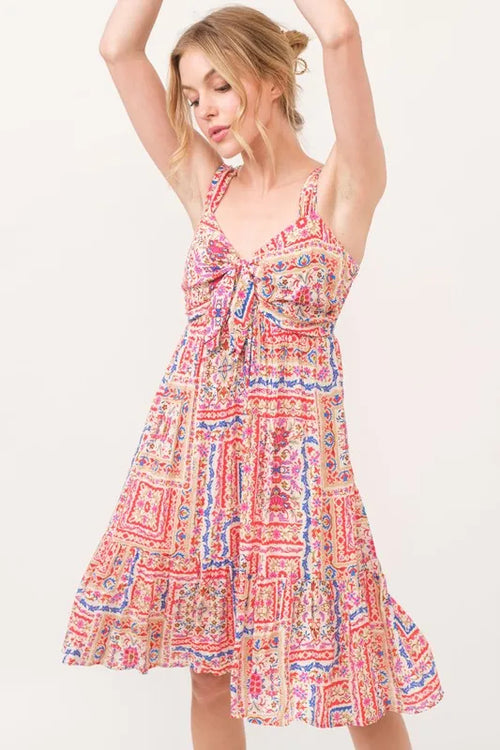 And The Why Tied Front Smocked Back Tiered Boho Printed Dress | Lola Mariee