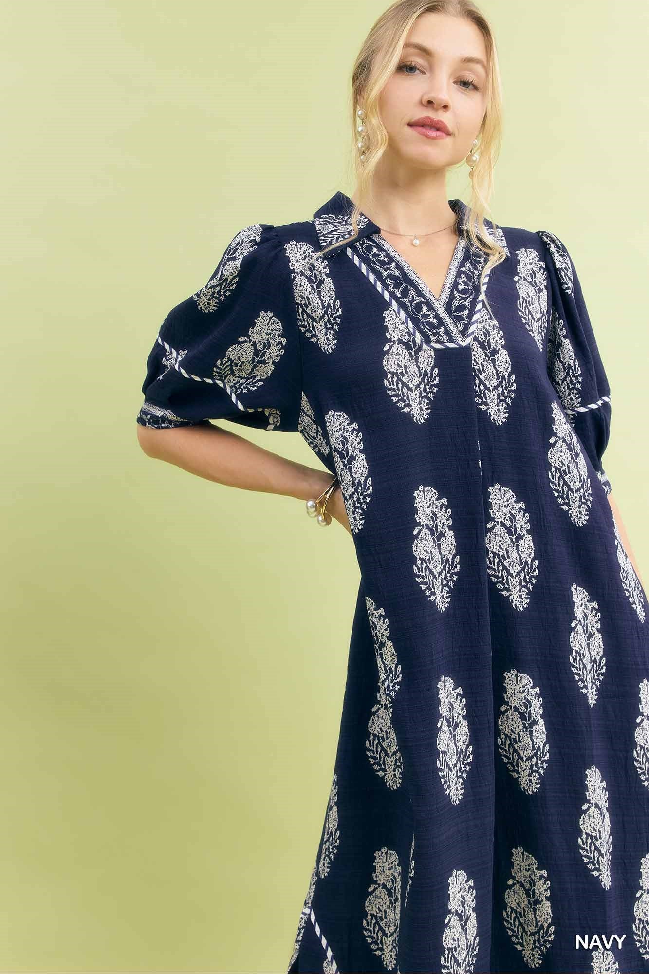 Umgee Border Print Collared Midi Dress - Trendsi | Lola Mariee