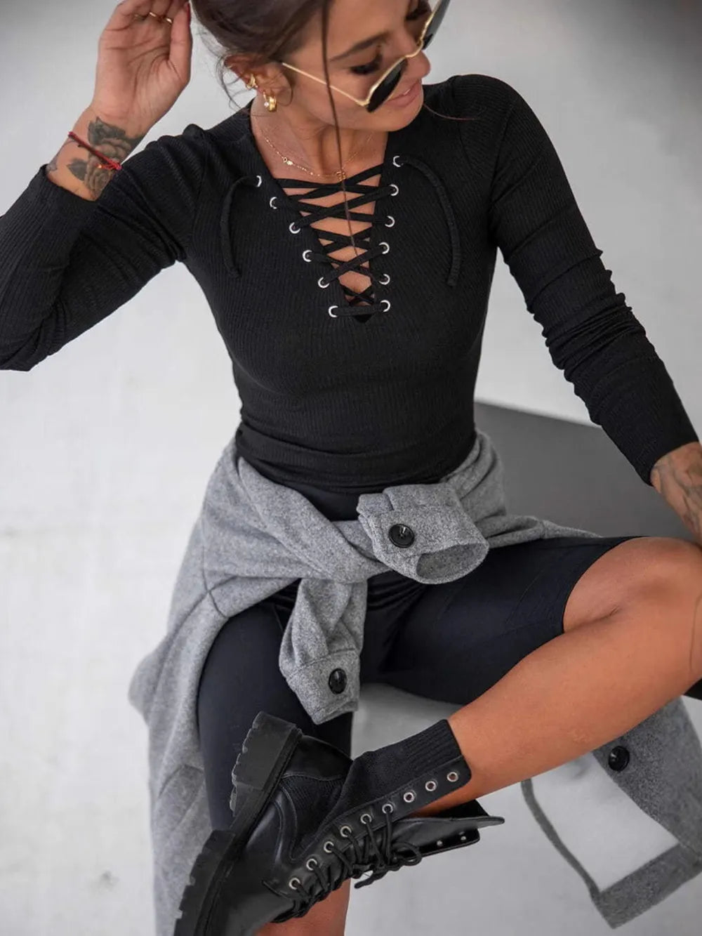 Lace Up Long Sleeve T-Shirt - Trendsi | Lola Mariee