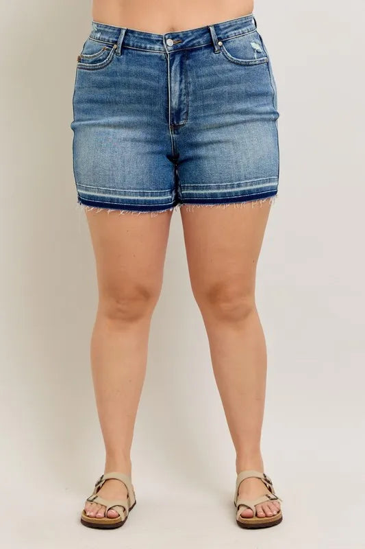 Judy Blue Plus Size Mr Tummy Control Vintage Wash Release Hem Shorts – view 2 | Lola Mariee