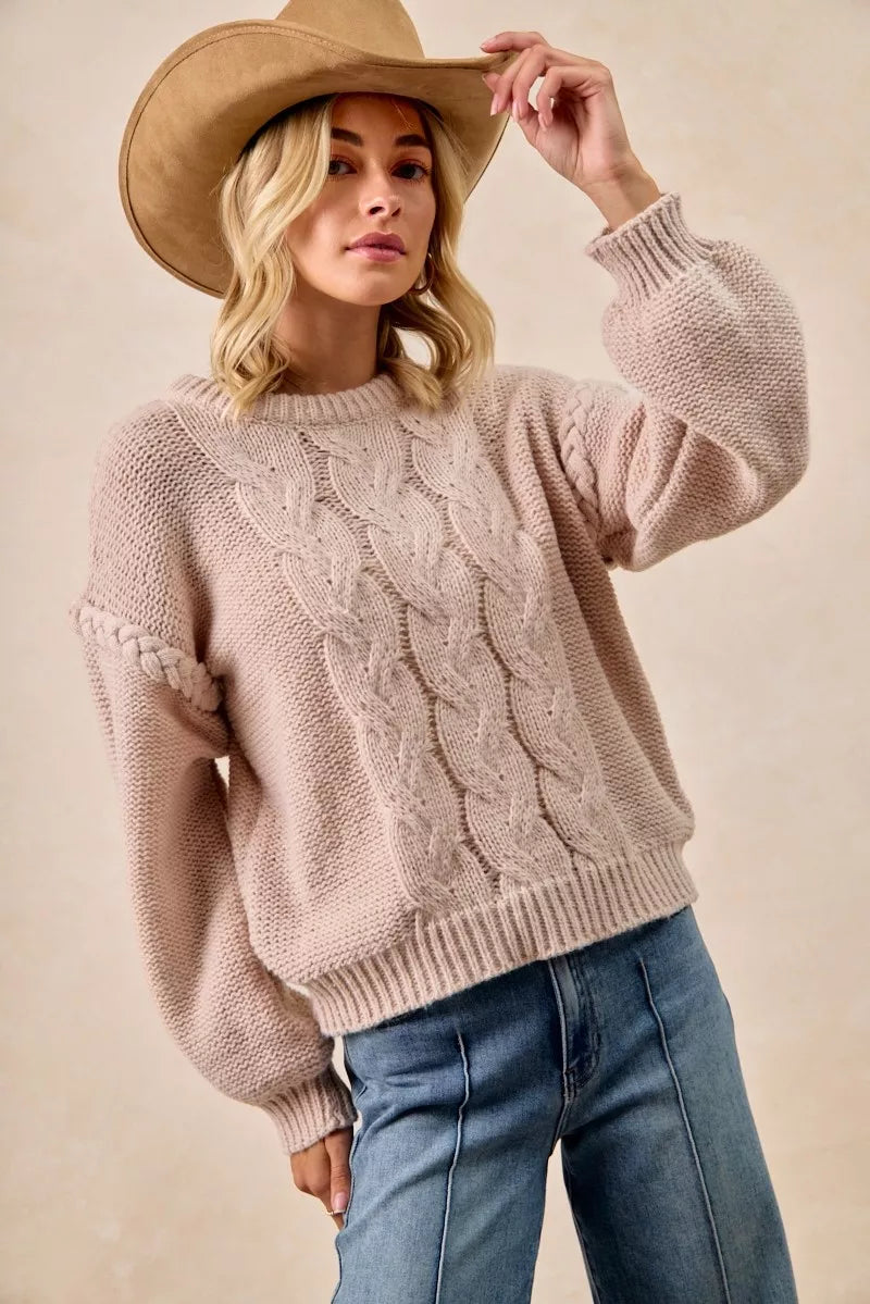 BiBi Cable Knit Sweater with Shoulder Braid Detail - Trendsi | Lola Mariee