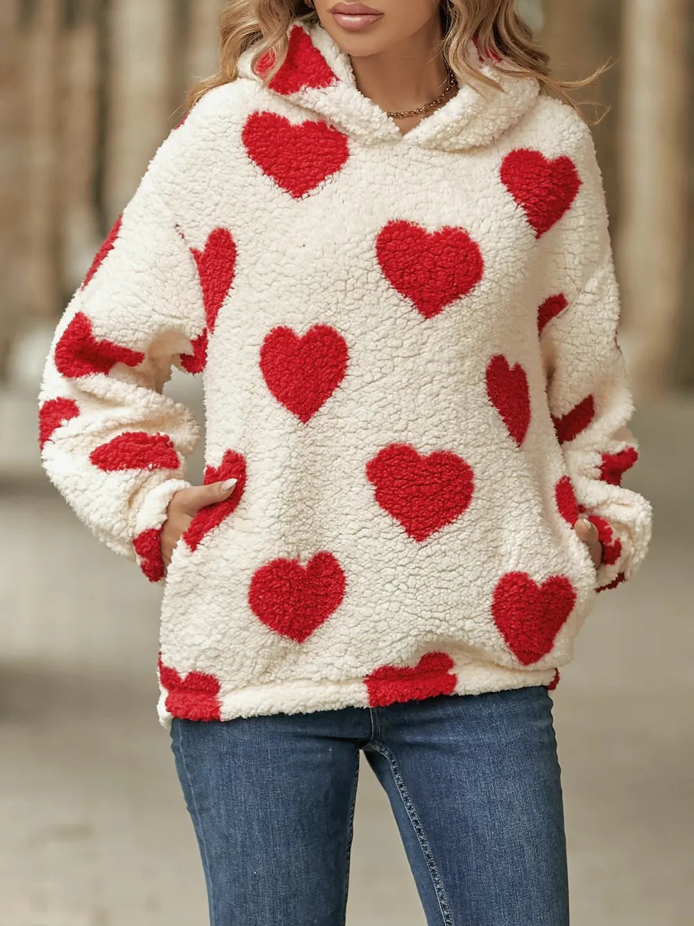 Fuzzy Heart Pocketed Dropped Shoulder Hoodie – view 4 | Lola Mariee