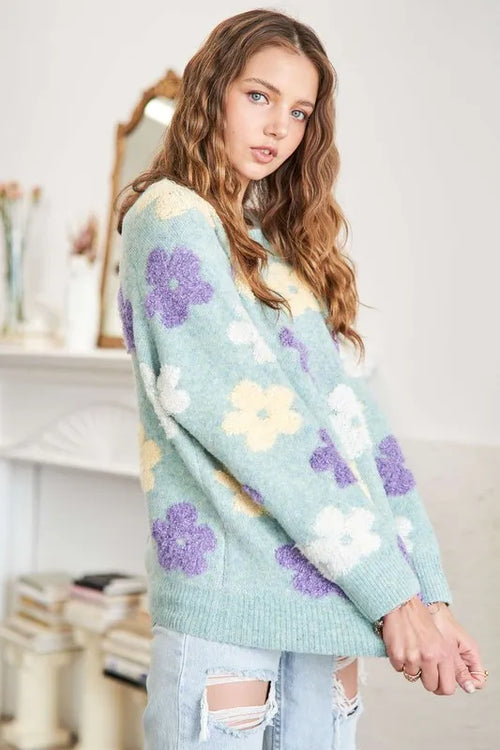 ADORA Full Size Floral Popped 2-Tone Sweater Top Plus Size – view 2 | Lola Mariee