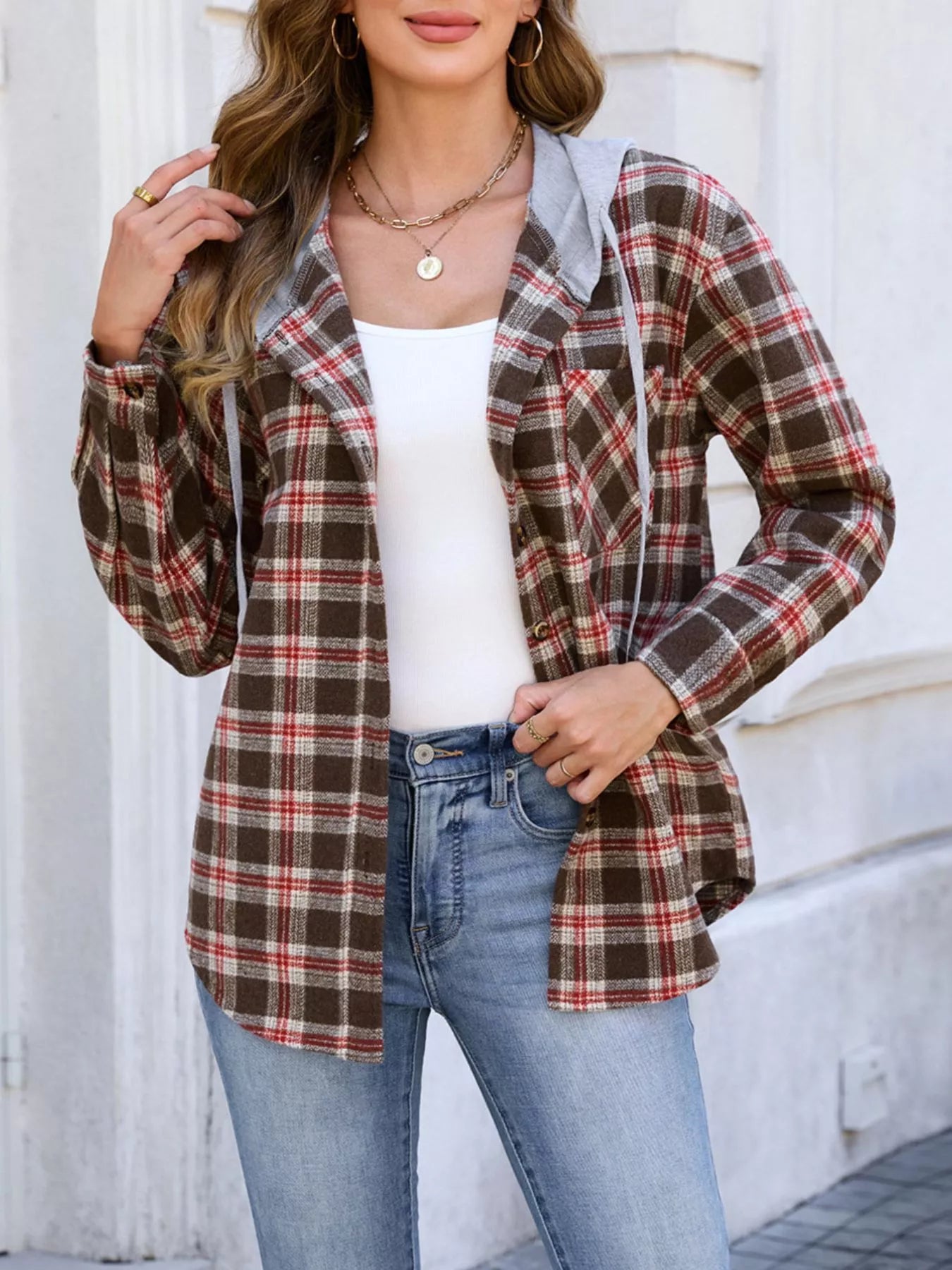 Hooded Plaid Button-Up Shacket – view 7 | Lola Mariee