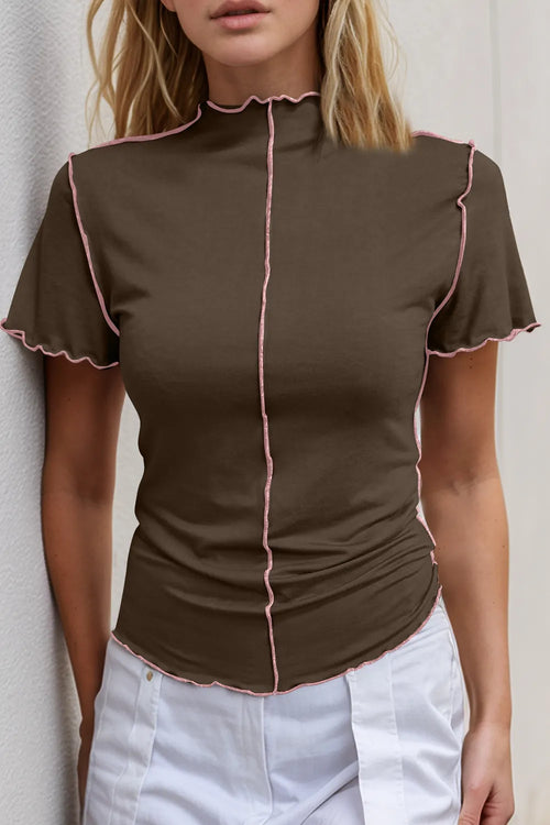 Basic Bae Contrast Trim Mock Neck Short Sleeve T-Shirt – view 2 | Lola Mariee