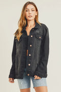 RISEN Full Size Distressed Long Sleeve Denim Jacket - LOLA MARIEE | Lola Mariee
