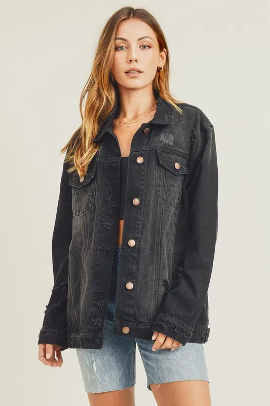 RISEN Full Size Distressed Long Sleeve Denim Jacket - LOLA MARIEE | Lola Mariee