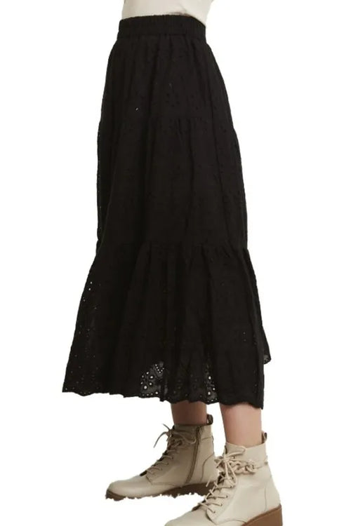 ADORA Elastic Waistband Tiered Midi Skirt – view 2 | Lola Mariee