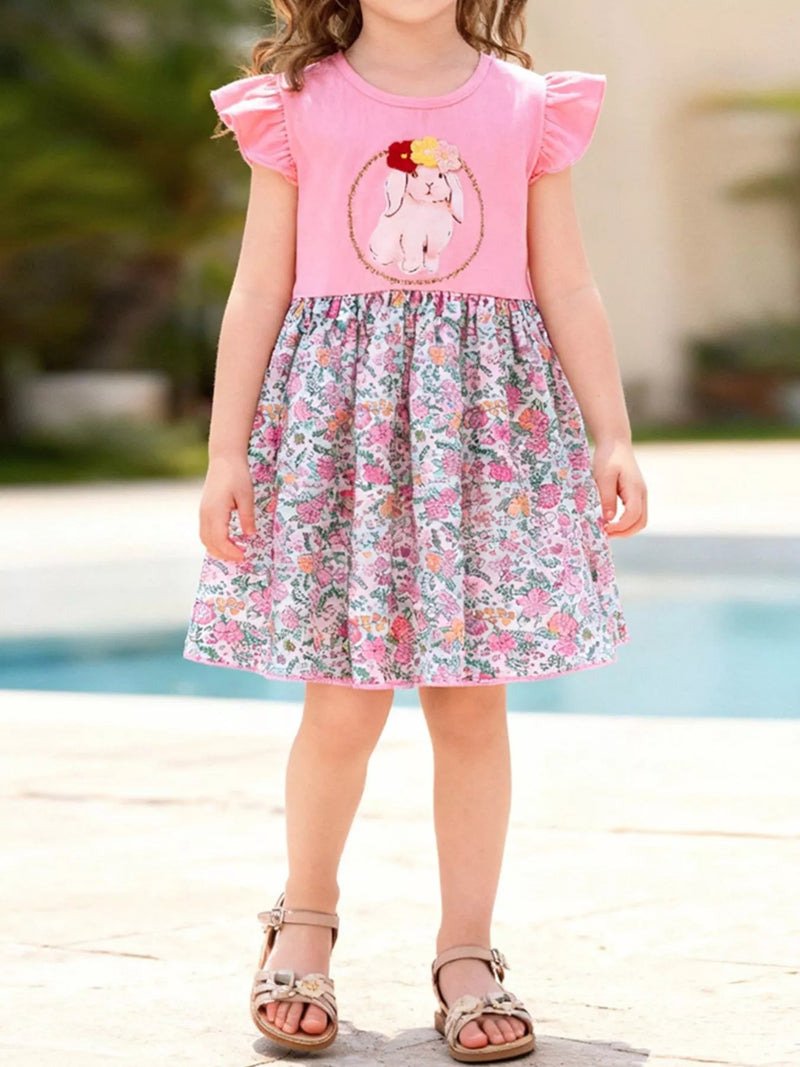 Children's Floral Print Bunny Ruffle Sleeve Dress | Lola Mariee