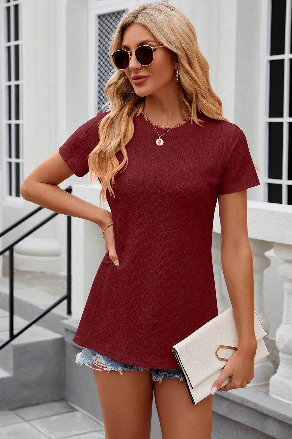 Eyelet Slit Round Neck Short Sleeve T-Shirt - Trendsi | Lola Mariee