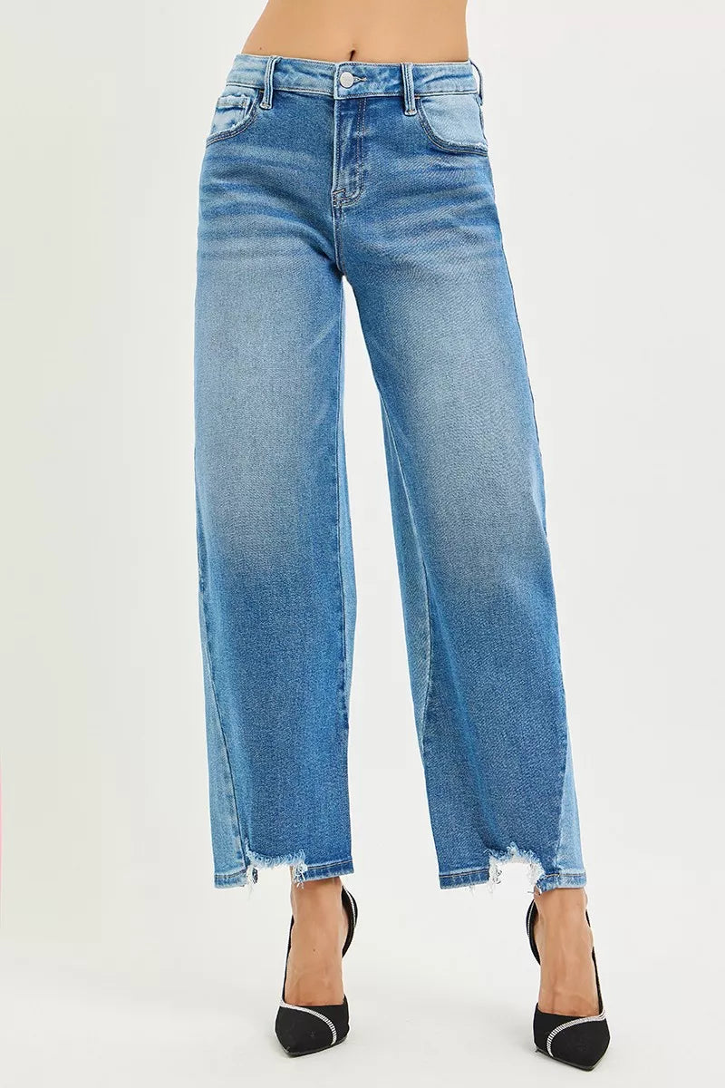RISEN Full Size Slouchy Cropped Barrel Jeans with Contrast Wash Plus Size - women's top at Lola Mariee boutique