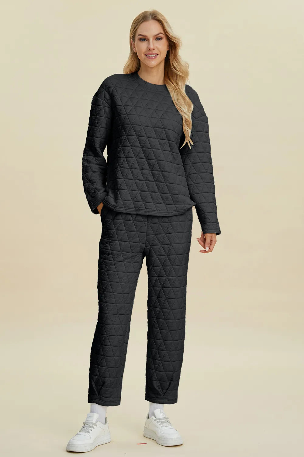 Double Take Full Size Texture Round Neck Long Sleeve Top and Pants Set – view 9 | Lola Mariee