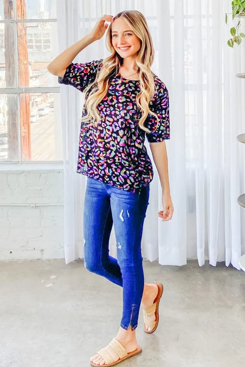 And The Why Leopard Foil Printed Half Sleeve Summer Sweater | Lola Mariee