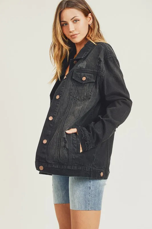 RISEN Full Size Distressed Long Sleeve Denim Jacket - LOLA MARIEE | Lola Mariee