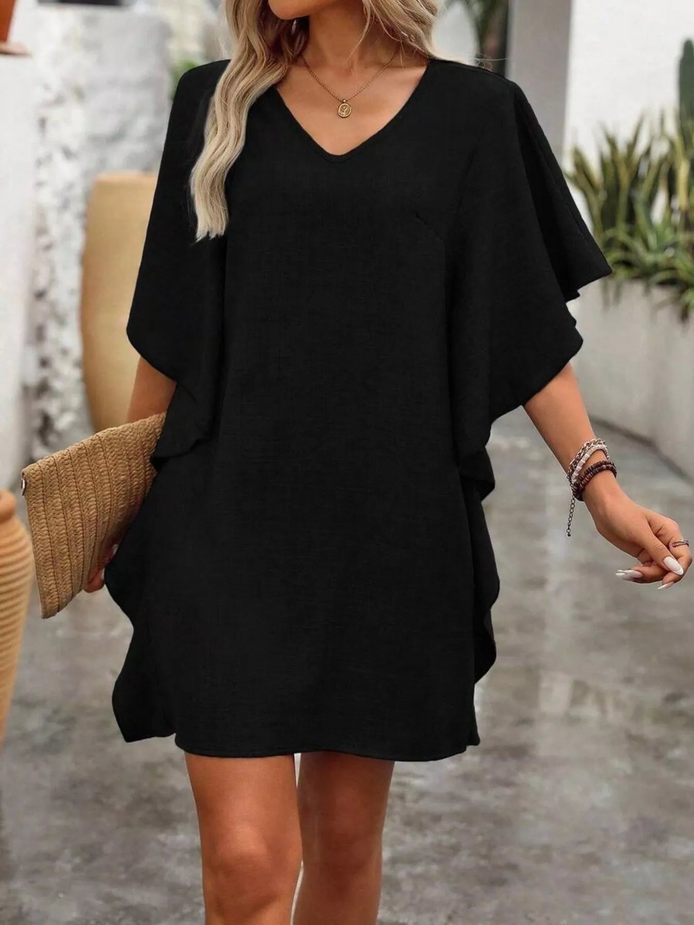 Ruffled Flutter Sleeve V-Neck Mini Dress – view 5 | Lola Mariee