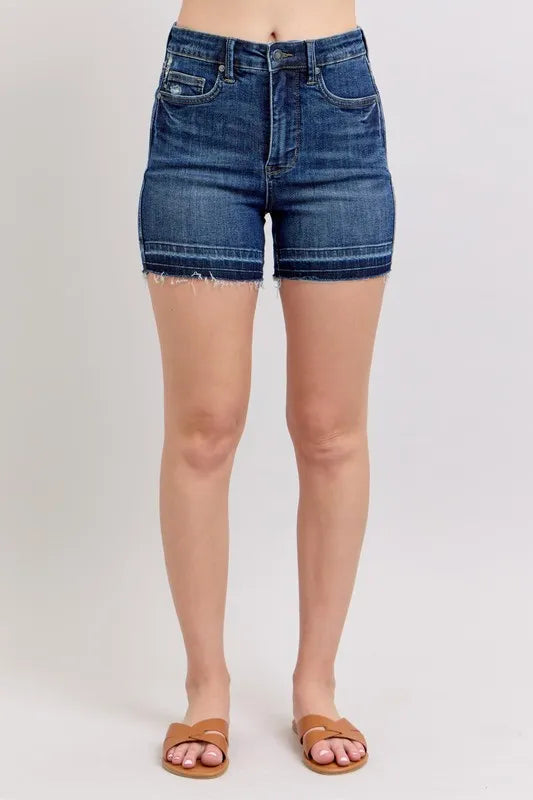Judy Blue Full Size High Waist Tummy Control Destroy Release Hem Denim Shorts Plus Size - women's bottoms at Lola Mariee boutique