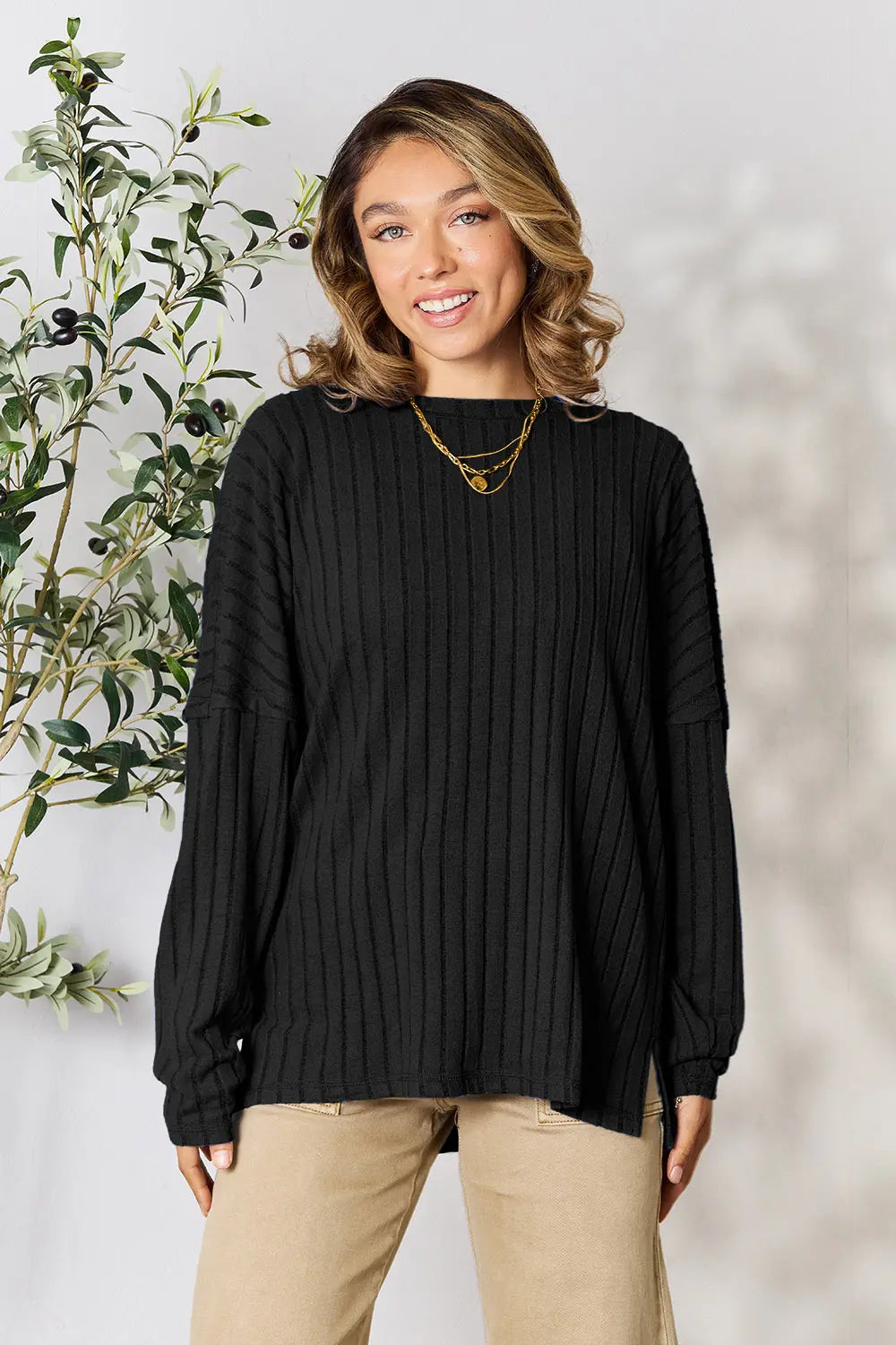 Basic Bae Full Size Ribbed Round Neck Slit Knit Top – view 7 | Lola Mariee