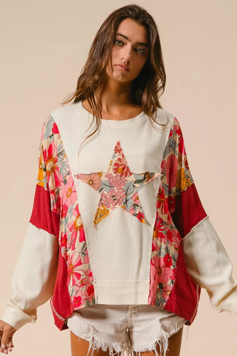 BiBi Floral Print Mixed Star Patch Round Neck Sweatshirt - Trendsi | Lola Mariee