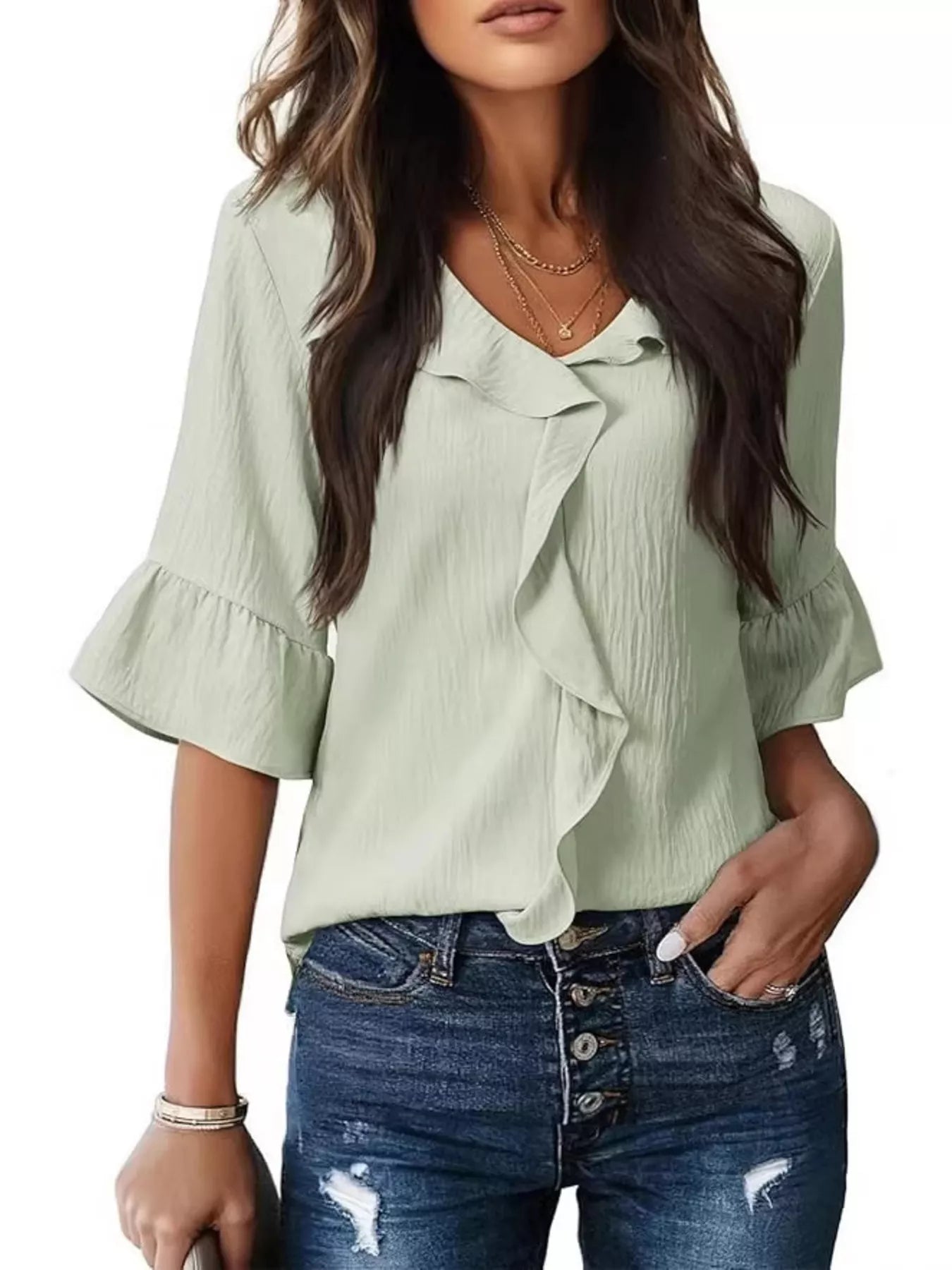 Ruffled V-Neck Bell Sleeve Blouse – view 4 | Lola Mariee