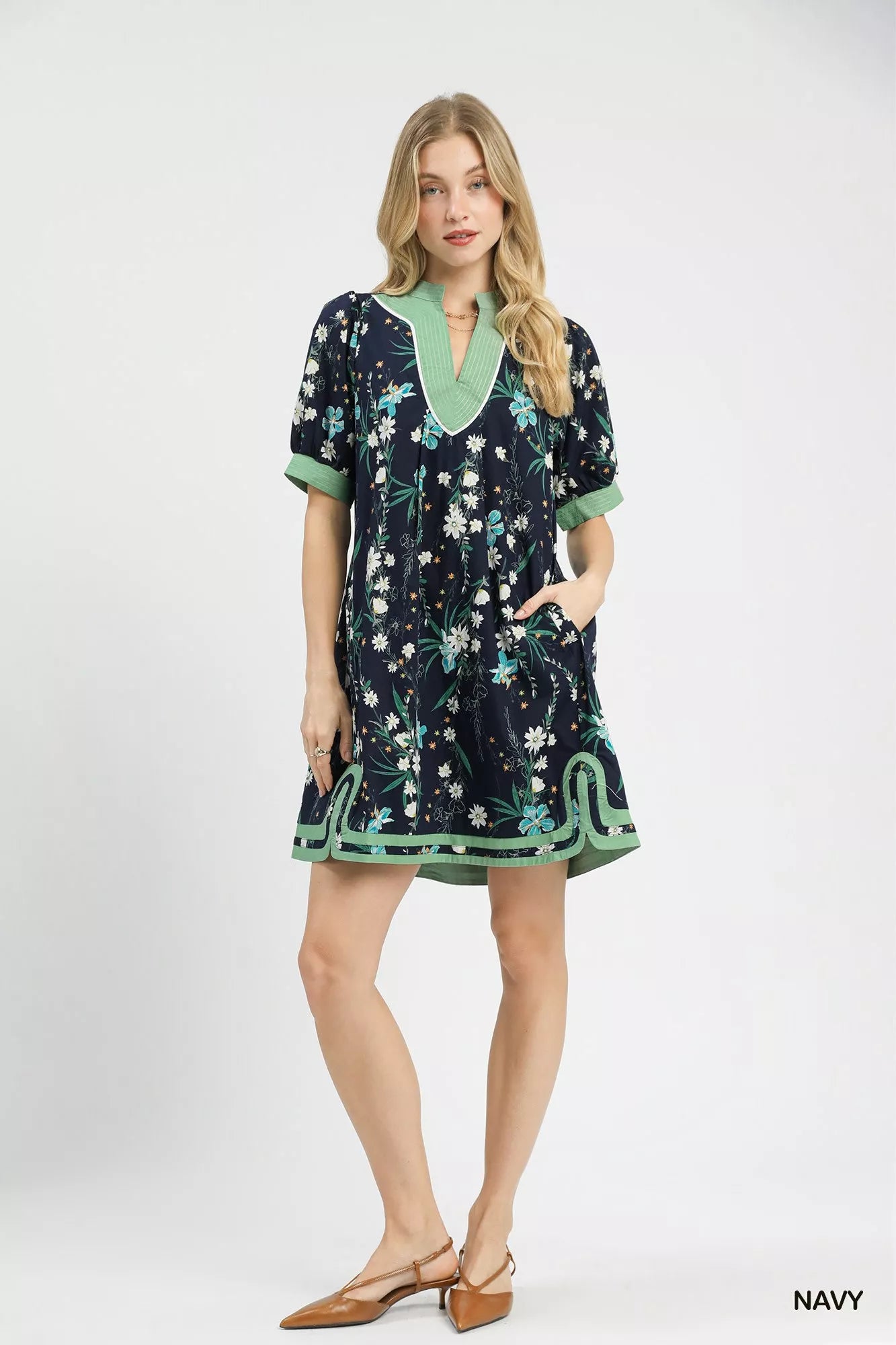 Umgee Floral Puff Sleeve Dress with Contrast Trim - Trendsi | Lola Mariee