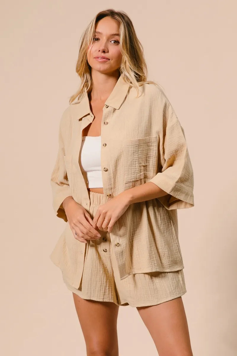 BiBi Crinkle Gauze Shirt and Short Set - Trendsi | Lola Mariee