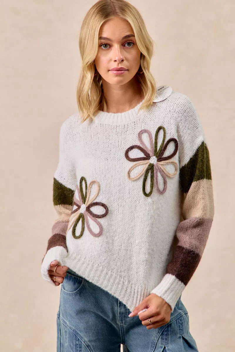 BiBi Flower Color Block Sweater - Trendsi | Lola Mariee