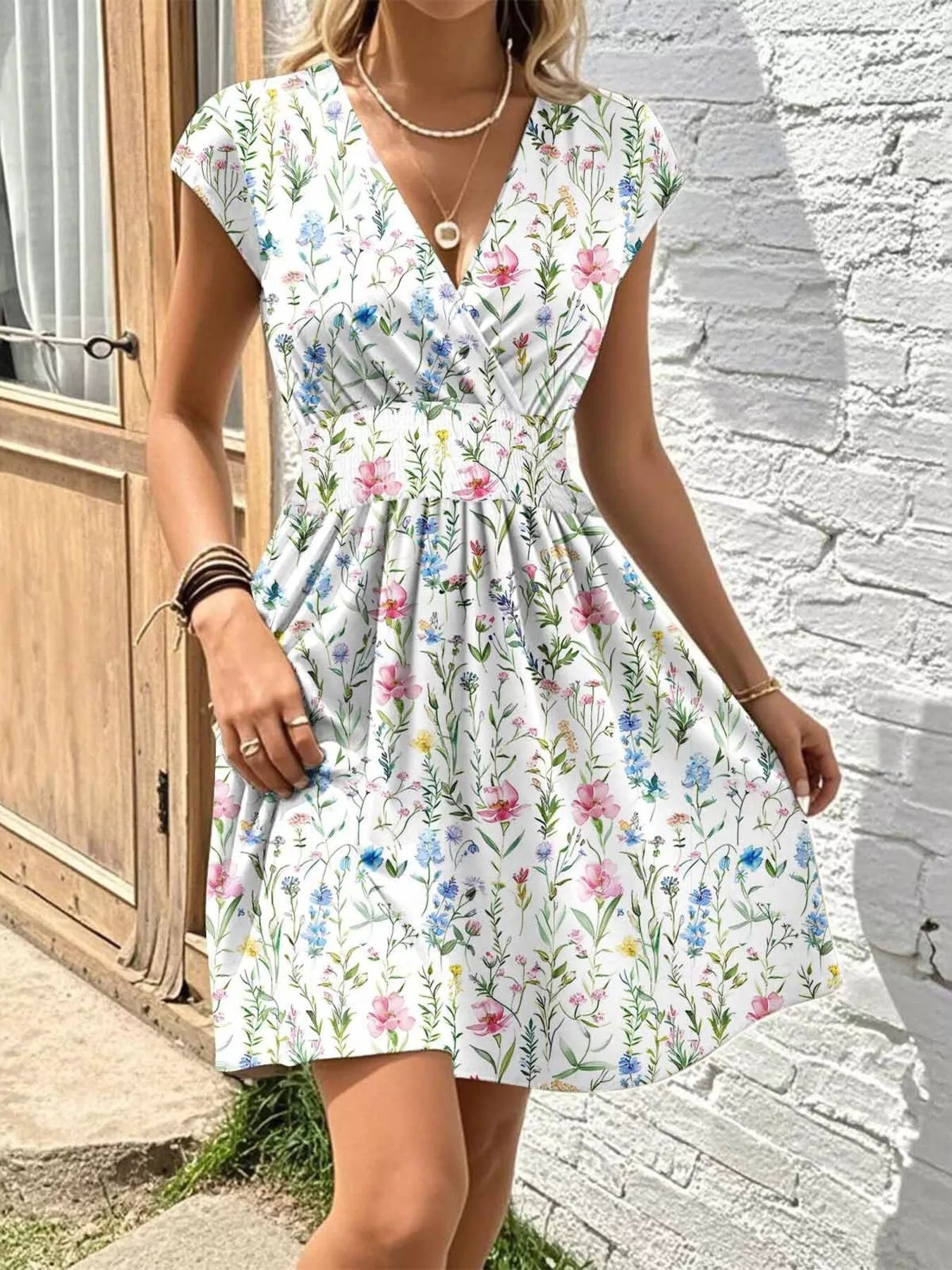 Floral Print Surplice Mini Dress – view 7 | Lola Mariee