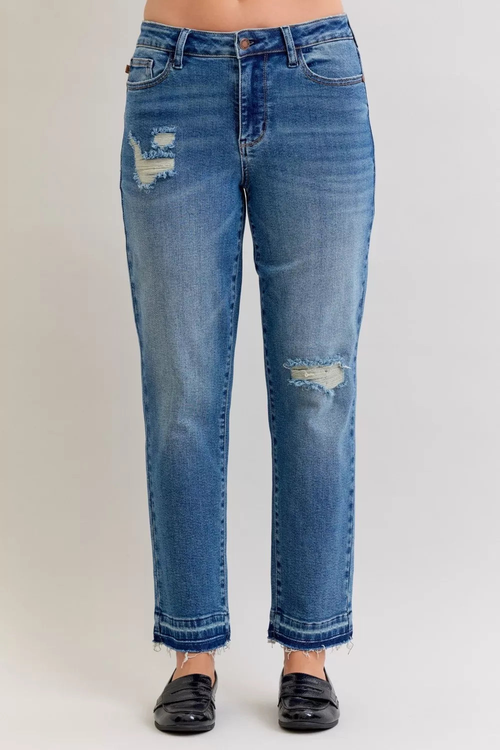 Judy Blue Full Size Mid Rise Bf Patch & Repair Destroy Release Hem Jeans Plus Size - women's bottoms at Lola Mariee boutique