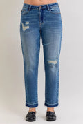 Judy Blue Full Size Mid Rise Bf Patch & Repair Destroy Release Hem Jeans Plus Size - women's bottoms at Lola Mariee boutique