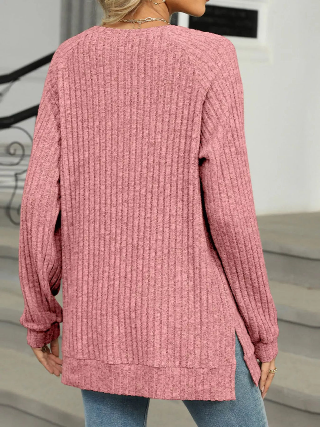 Round Neck Side Slit Ribbed Knit Top with Asymmetric Button Detail - Trendsi | Lola Mariee