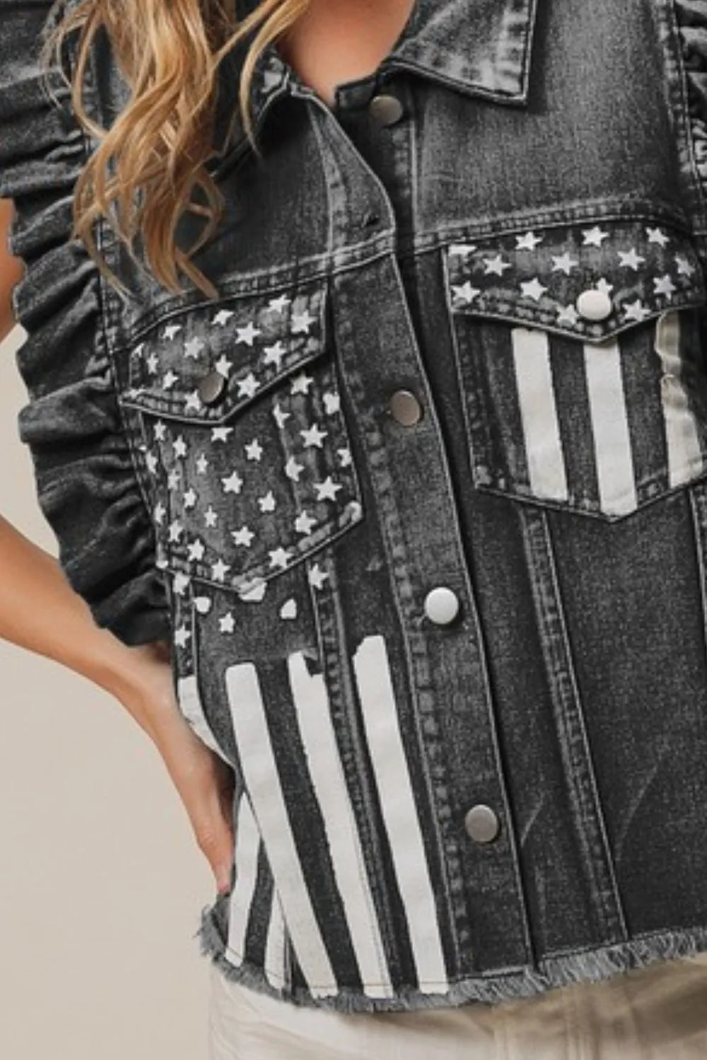 BiBi American Flag Washed Denim Jacket - Trendsi | Lola Mariee