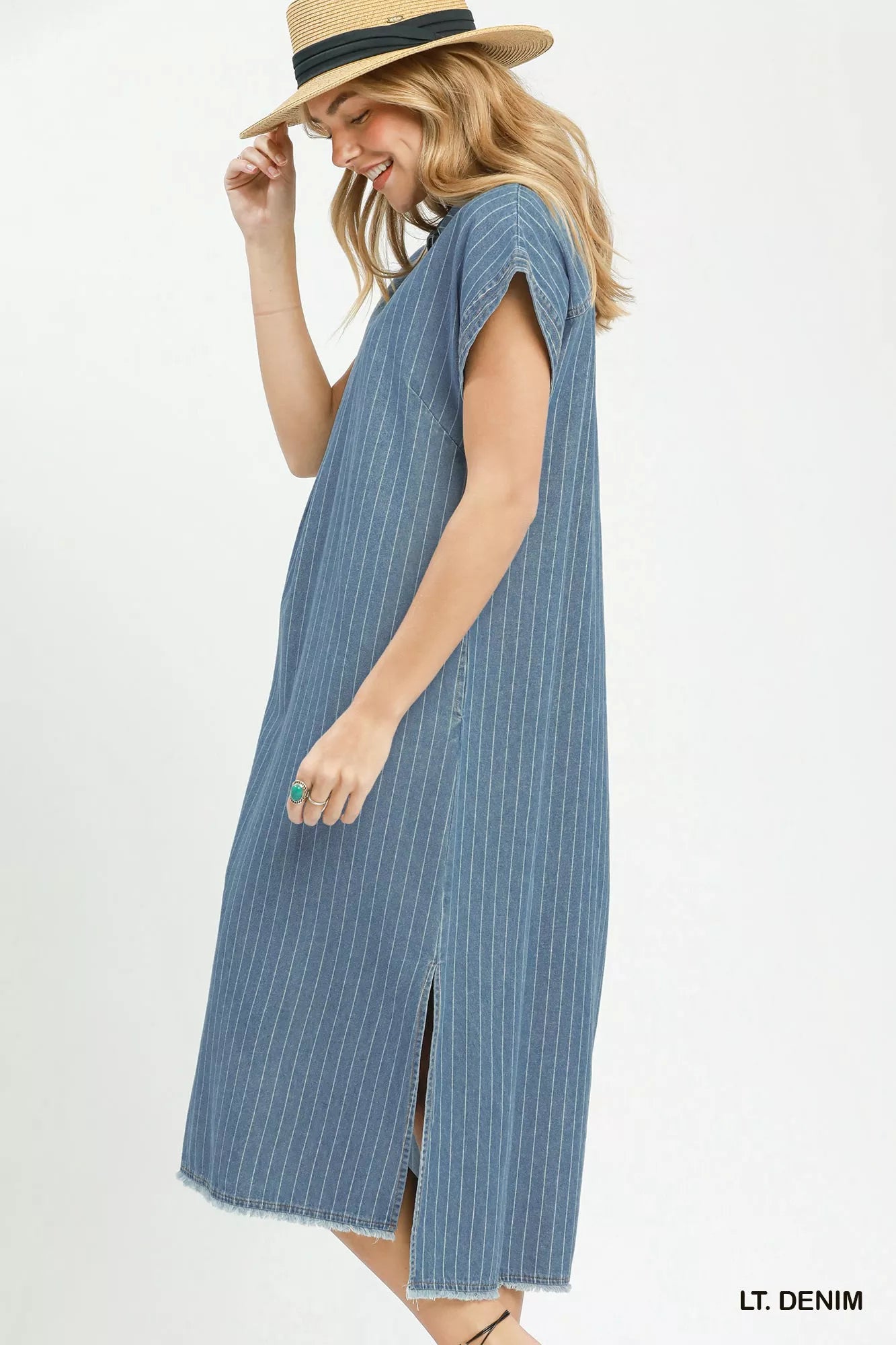 Umgee Pinstripe Denim Collared Midi Dress with Side Slits - Trendsi | Lola Mariee