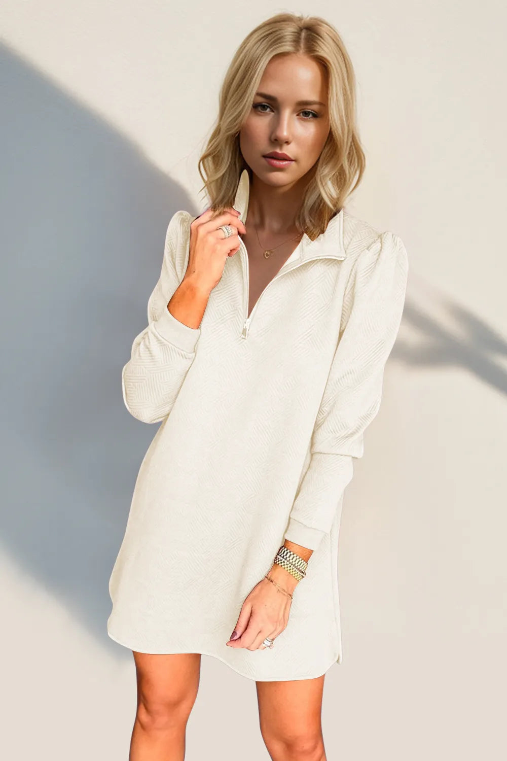 Double Take Textured Quarter Zip Long Sleeve Dress – view 4 | Lola Mariee