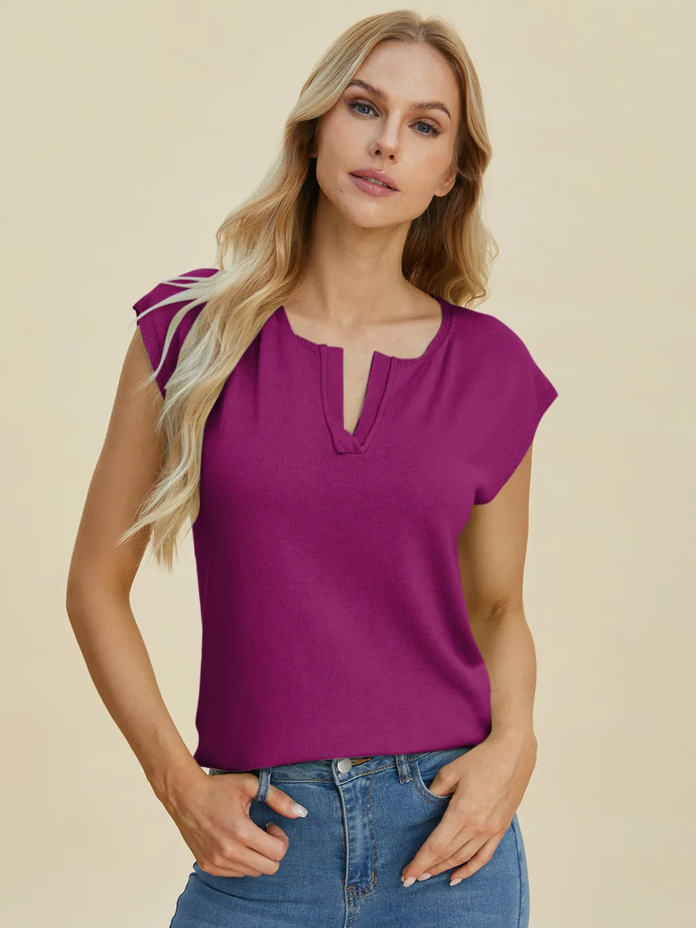 Double Take Full Size Notched Cap Sleeve Knit Top – view 7 | Lola Mariee