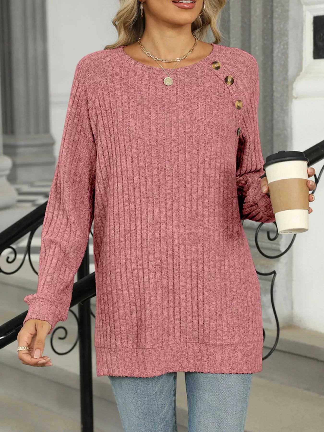 Round Neck Side Slit Ribbed Knit Top with Asymmetric Button Detail - Trendsi | Lola Mariee