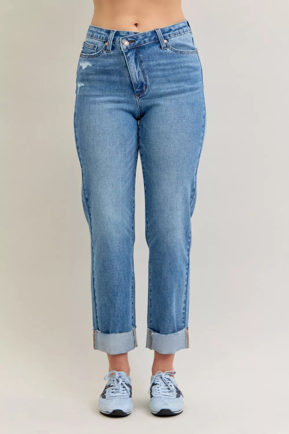 Judy Blue High Waist Bf Criss-cross Mild Destroy Jeans with Single Cuff - women's bottoms at Lola Mariee boutique