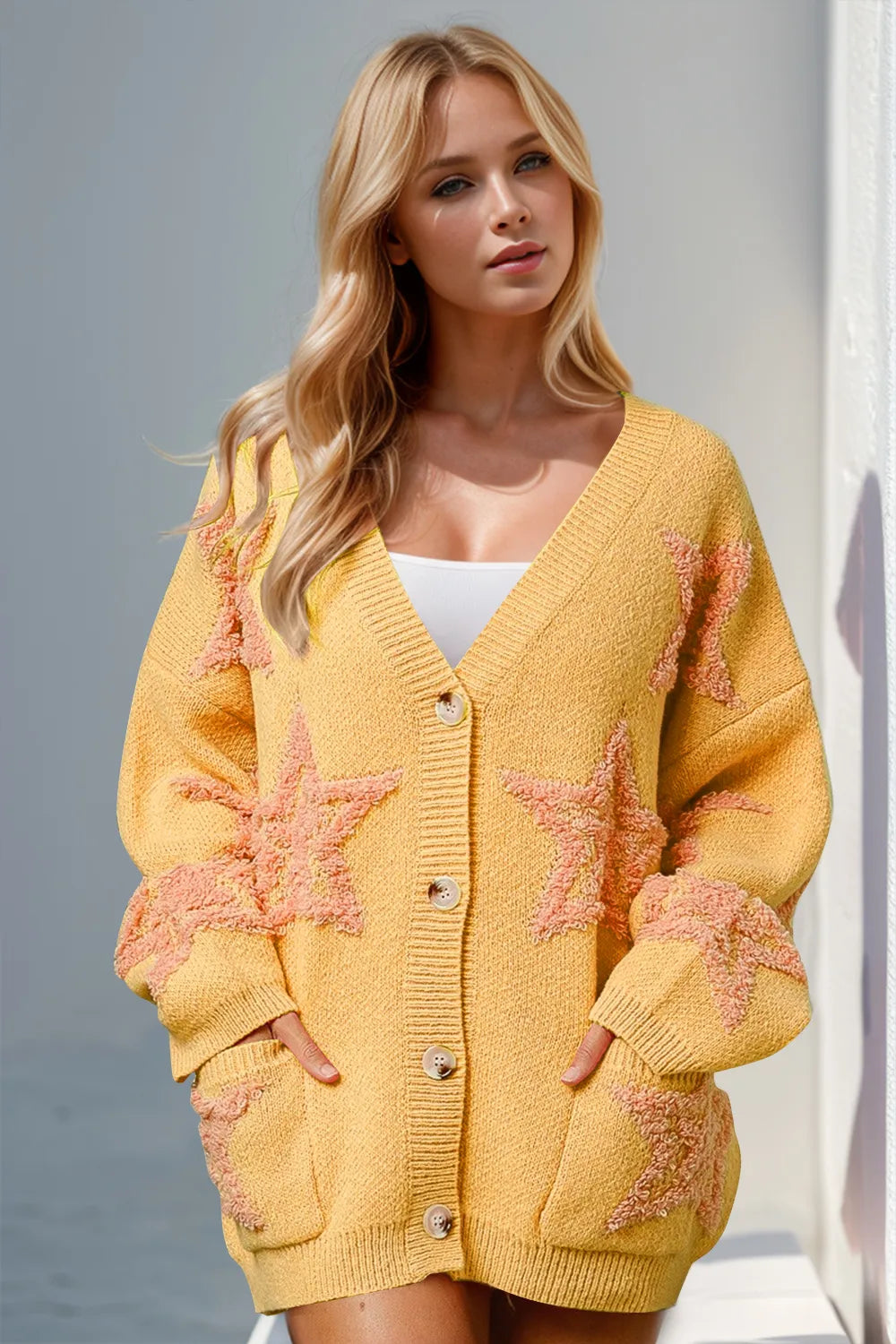 Double Take Full Size Button Up Star Pattern Cardigan – view 4 | Lola Mariee