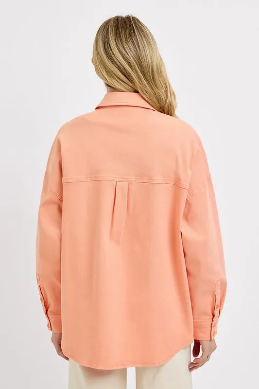 RISEN Full Size Button Down Long Sleeve Denim Shacket with Chest Pockets Plus Size - LOLA MARIEE | Lola Mariee