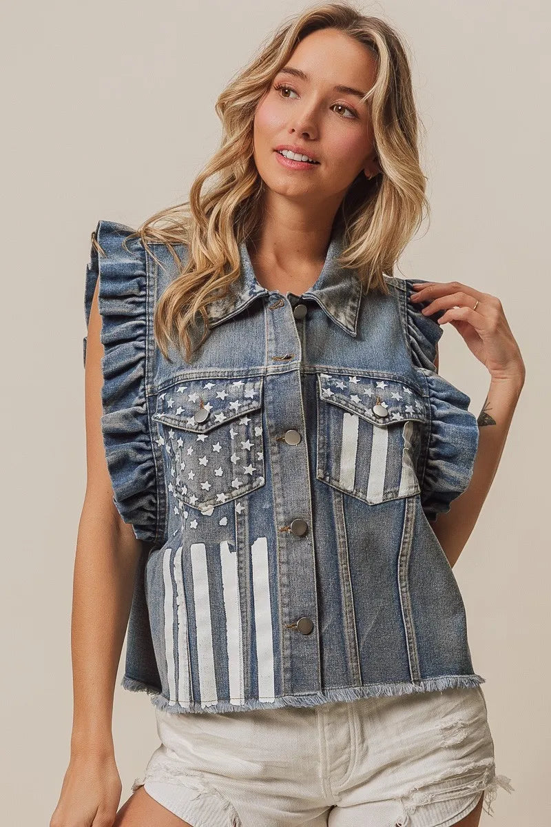 BiBi American Flag Washed Denim Jacket - Trendsi | Lola Mariee