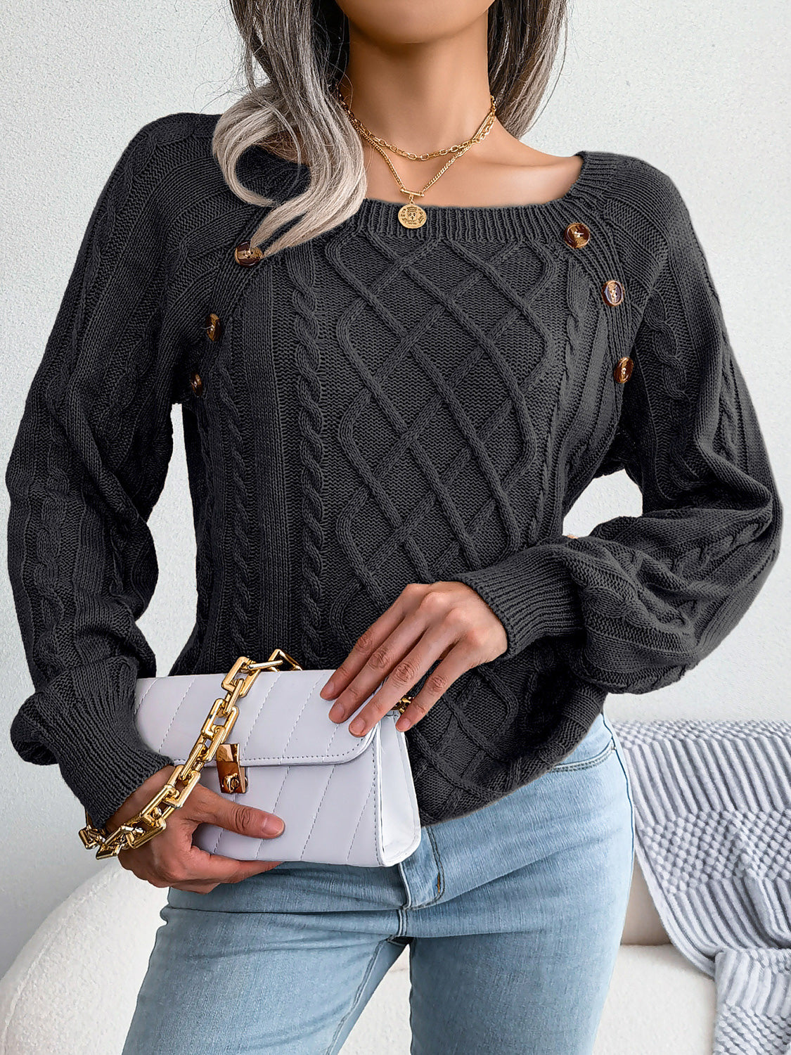 Decorative Button Cable-Knit Sweater – view 10 | Lola Mariee