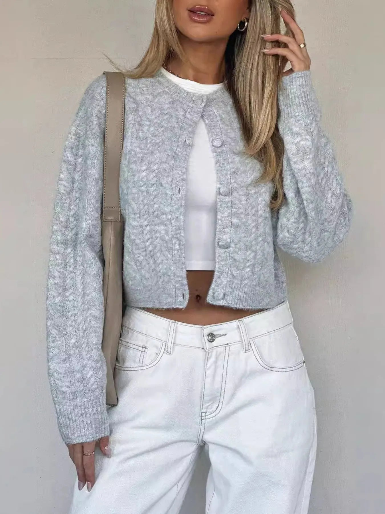 Cable Knit Button-Up Cardigan – view 5 | Lola Mariee